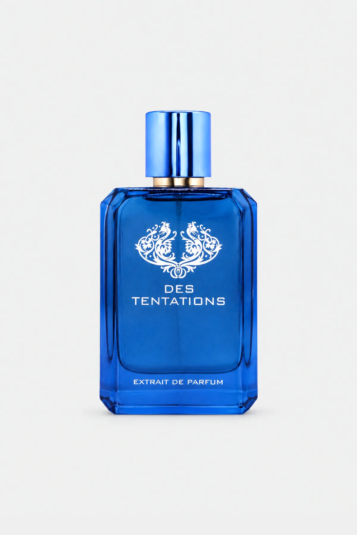 Fragrance World Des Tentations Blue Extrait de Parfum 100 ml, blue glass bottle with a gold cap, front view