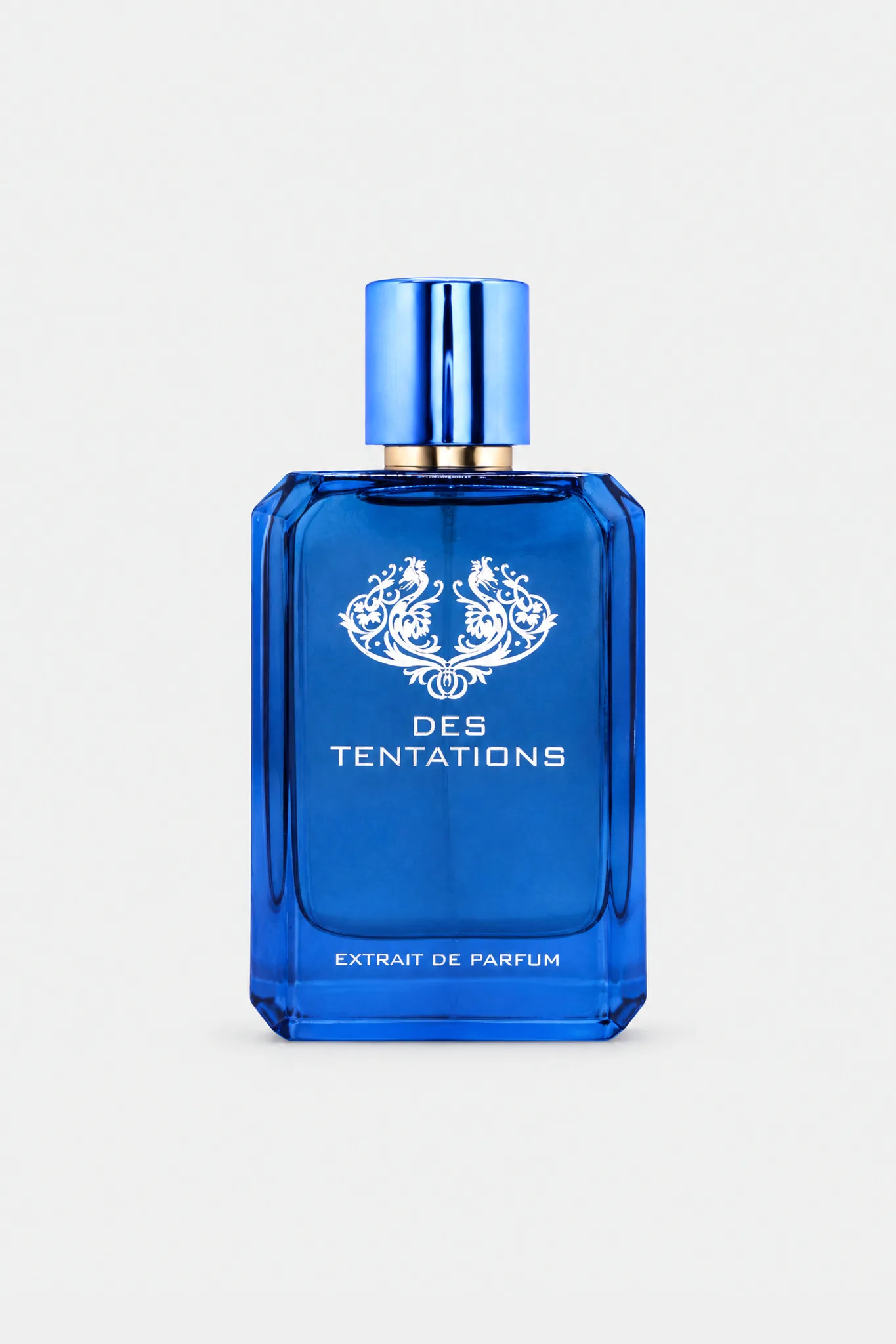 Fragrance World Des Tentations Blue Extrait de Parfum 100 ml, blue glass bottle with a gold cap, front view
