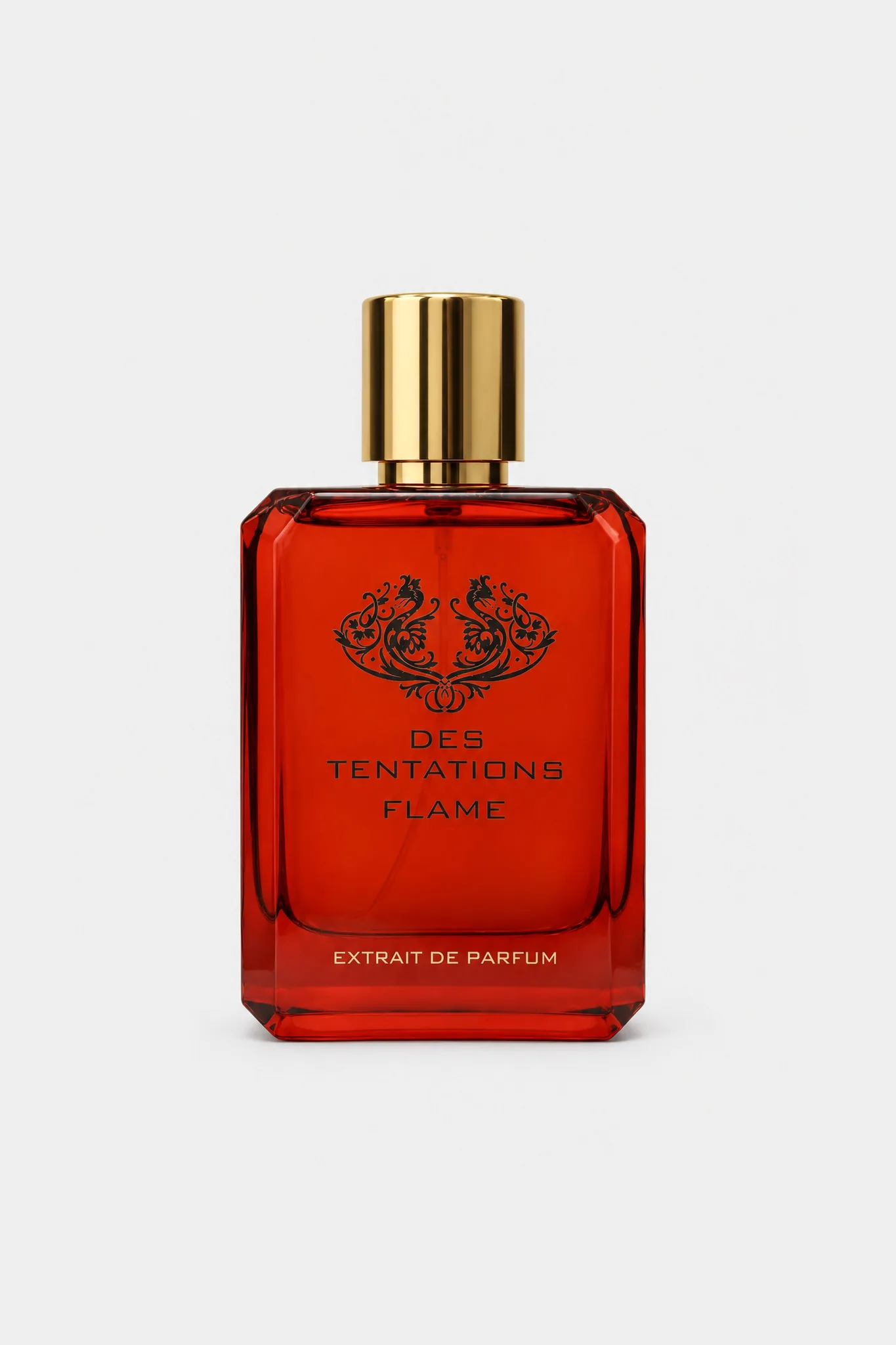 Fragrance World Des Tentations Flame Extrait de Parfum 100 ml, orange-red glass bottle with a gold cap, front view