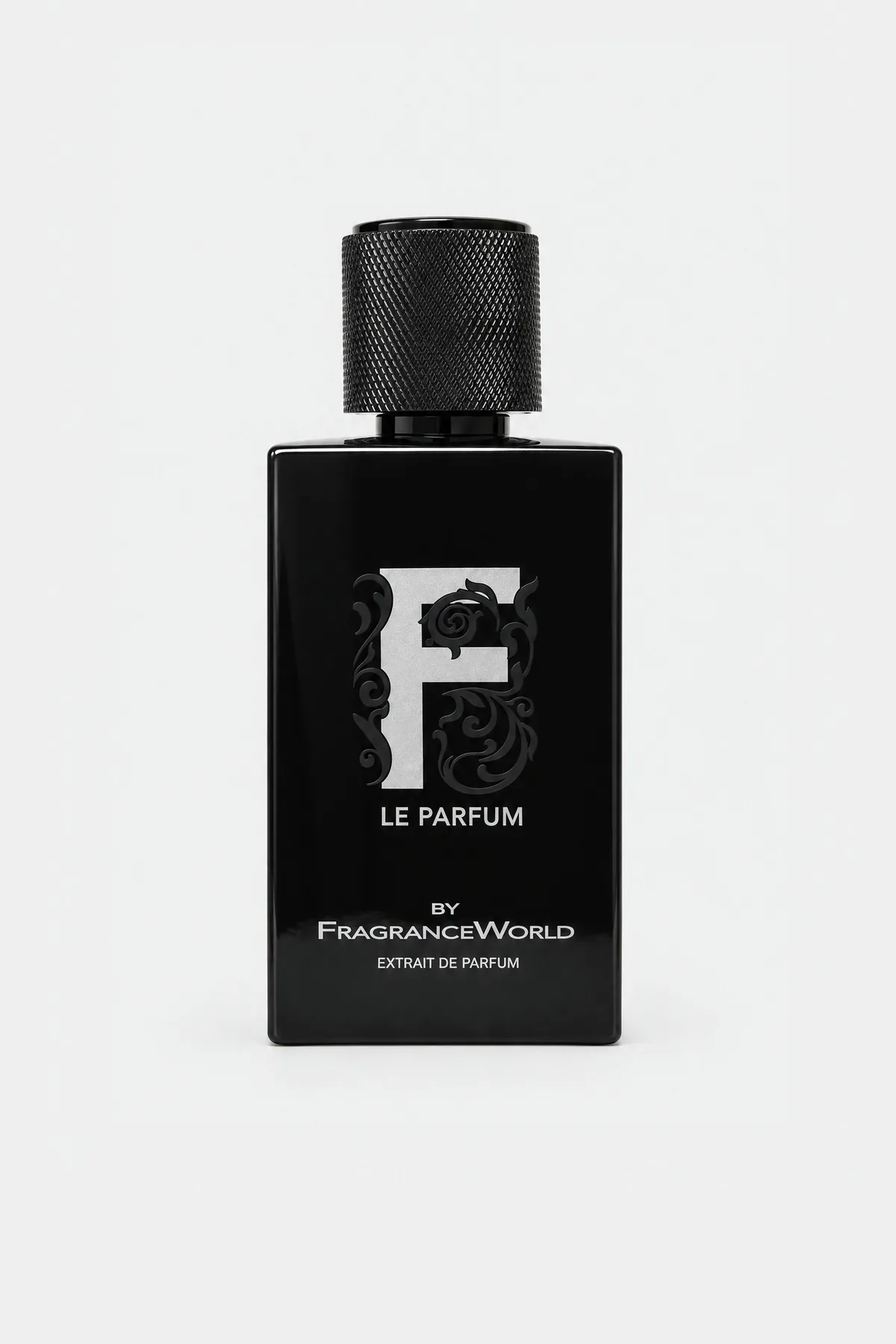 Fragrance World F Le Parfum Extrait de Parfum 100 ml, black square bottle with a silver F, front view