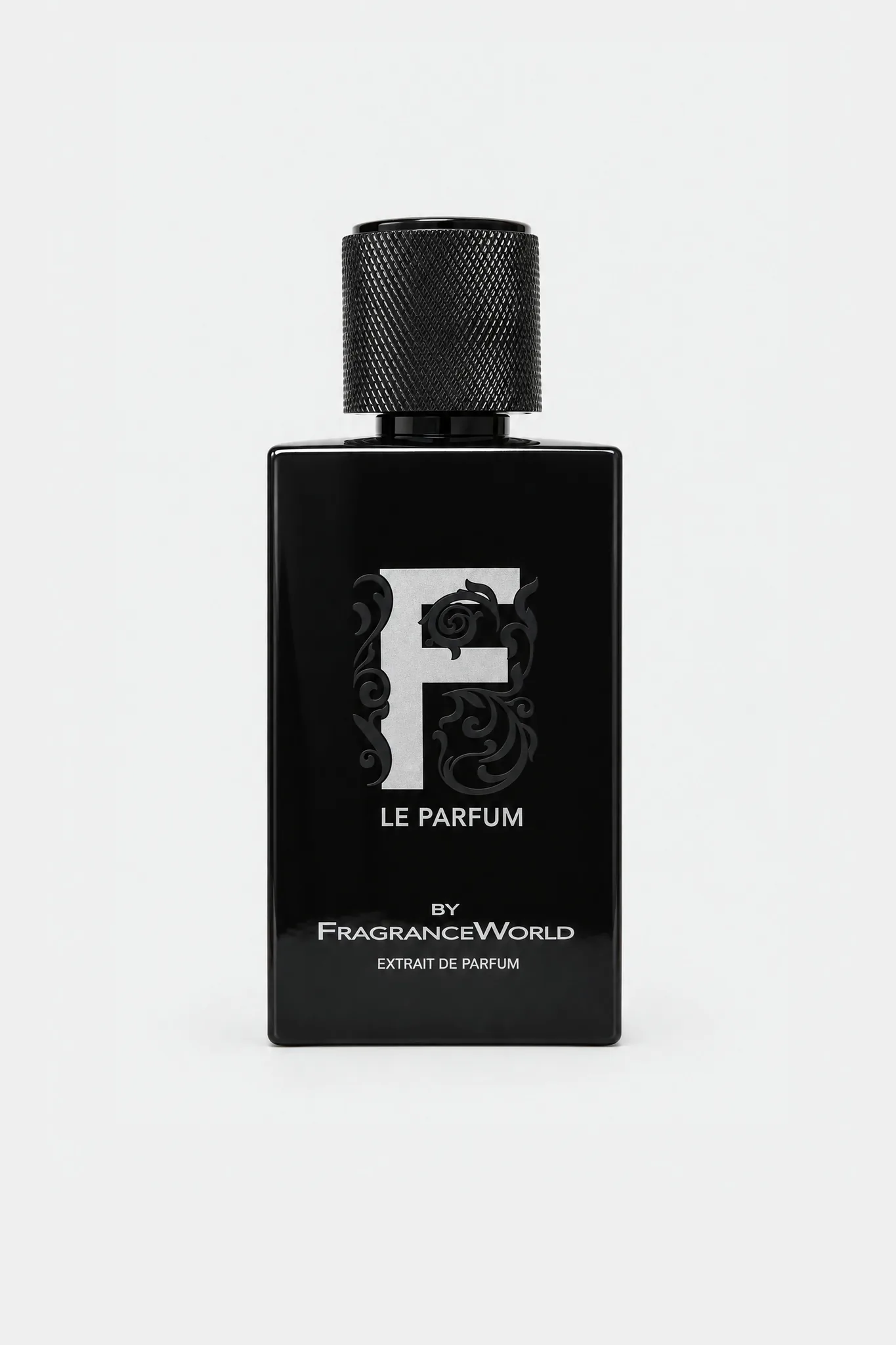 Fragrance World F Le Parfum Extrait de Parfum 100 ml, black square bottle with a silver F, front view
