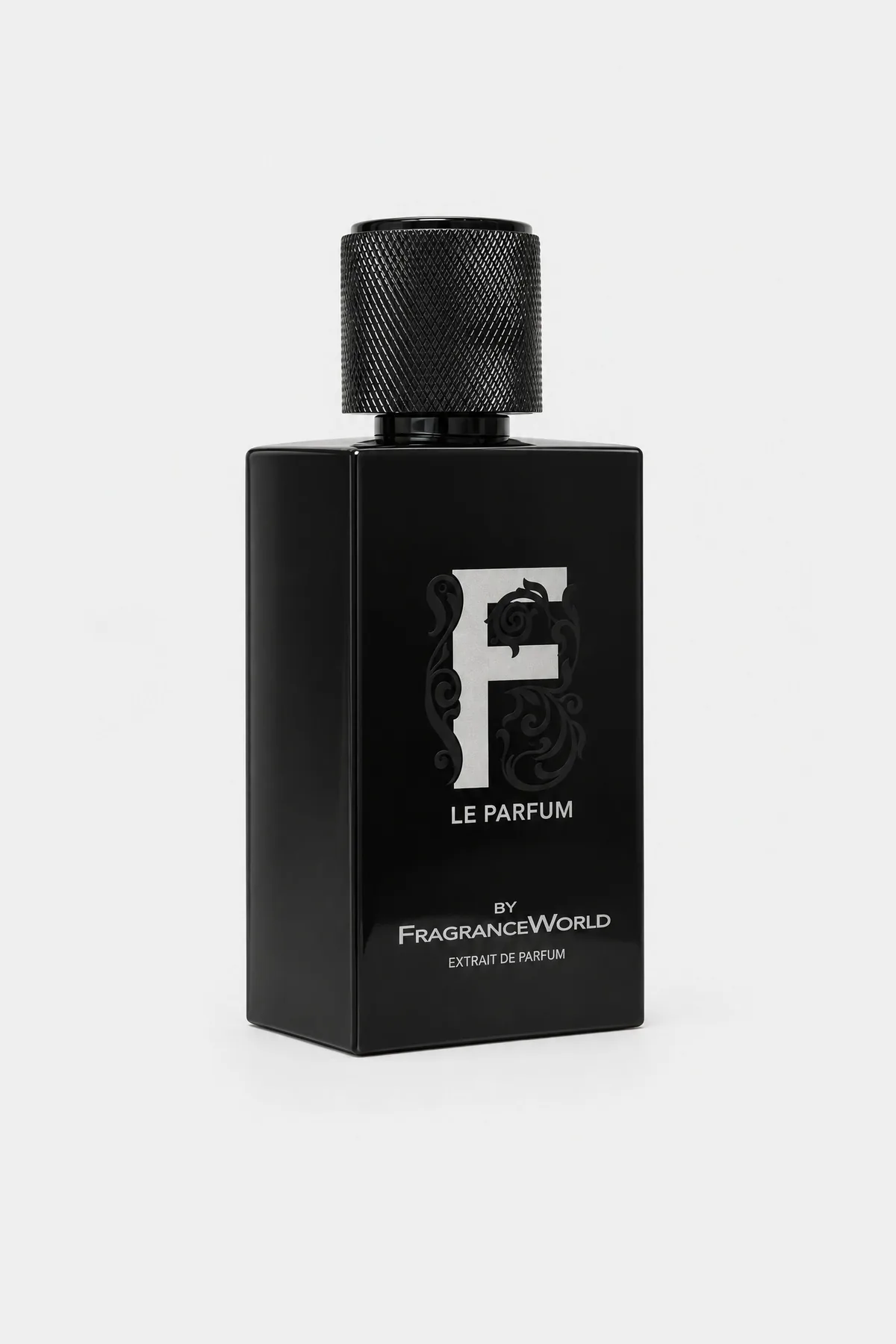 Fragrance World F Le Parfum Extrait de Parfum 100 ml, black square bottle with a silver F, three-quarter view