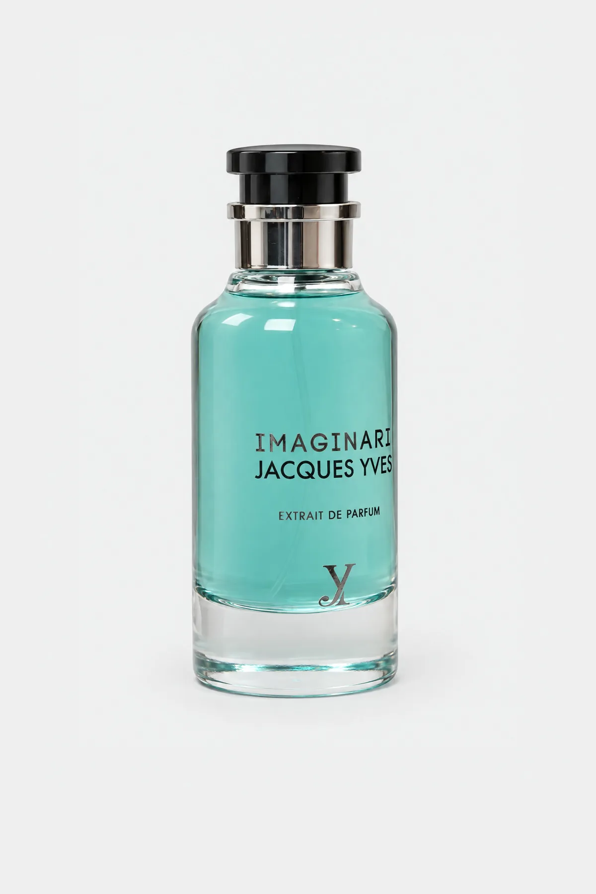 Fragrance World Jacques Yves Imaginari Extrait de Parfum 100 ml, round bottle with turquoise liquid, three-quarter view