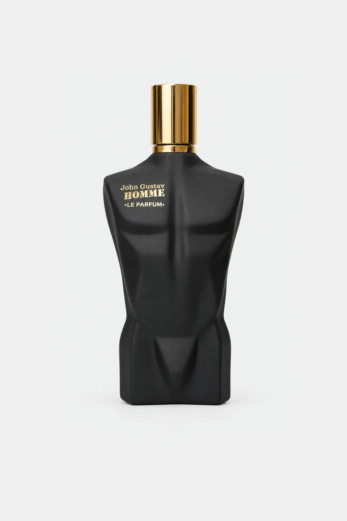 Fragrance World John Gustav Homme Le Parfum Extrait de Parfum 100 ml, matte black torso bottle with a gold cap, front view