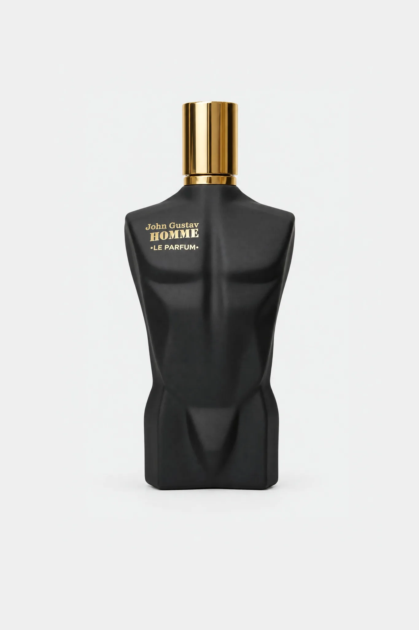 Fragrance World John Gustav Homme Le Parfum Extrait de Parfum 100 ml, matte black torso bottle with a gold cap, front view