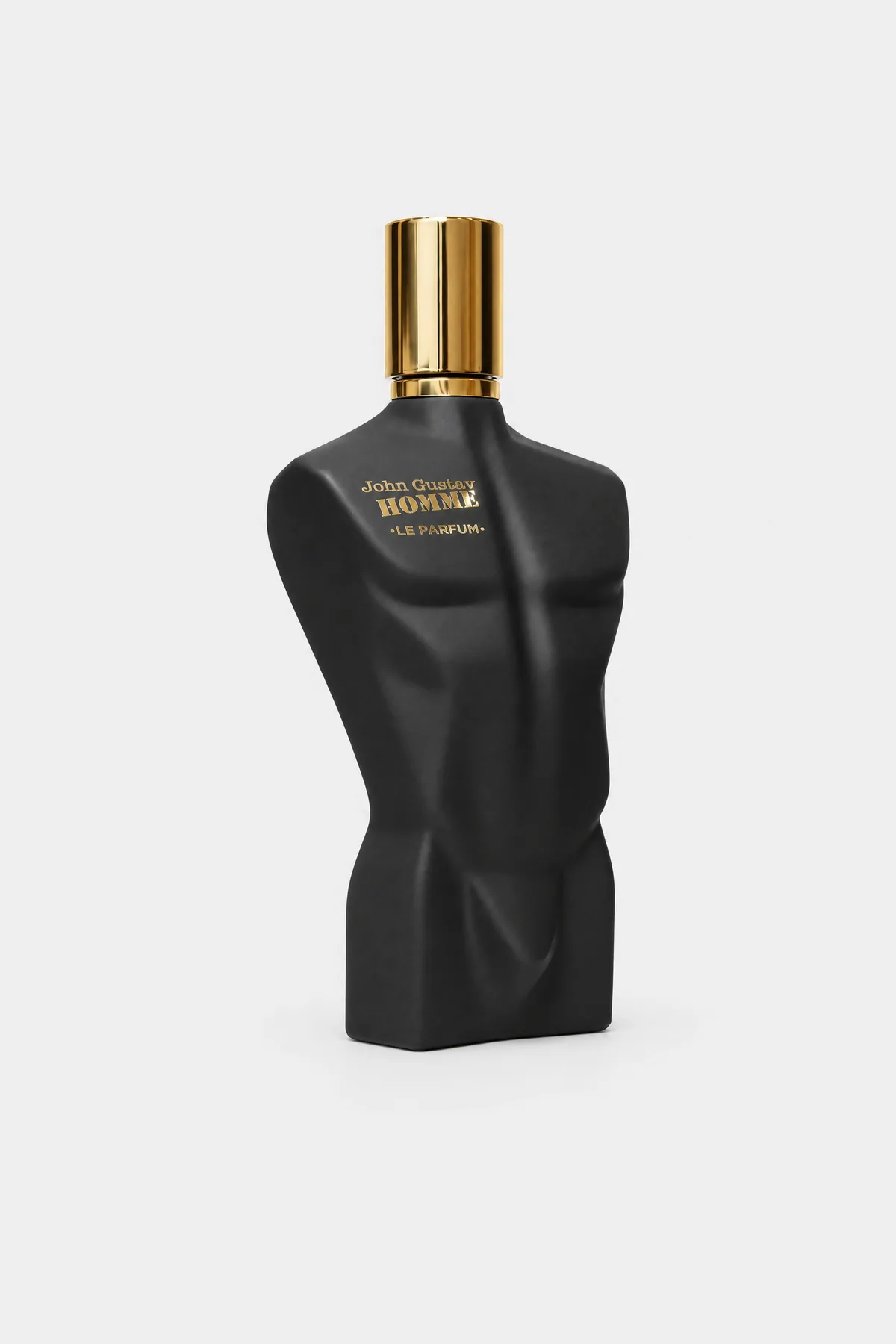 Fragrance World John Gustav Homme Le Parfum Extrait de Parfum 100 ml, matte black torso bottle with a gold cap, three-quarter view