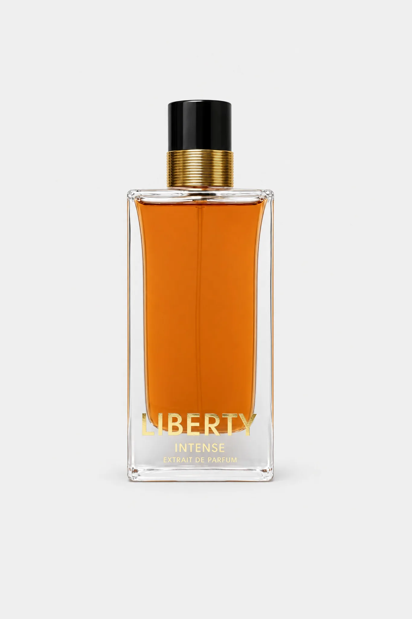 Fragrance World Liberty Intense Extrait de Parfum 100 ml, tall clear bottle with amber liquid, front view