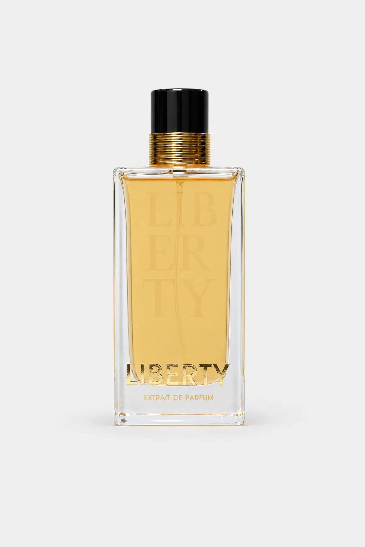 Fragrance World Liberty Extrait de Parfum 100 ml, tall clear bottle with pale gold liquid, front view