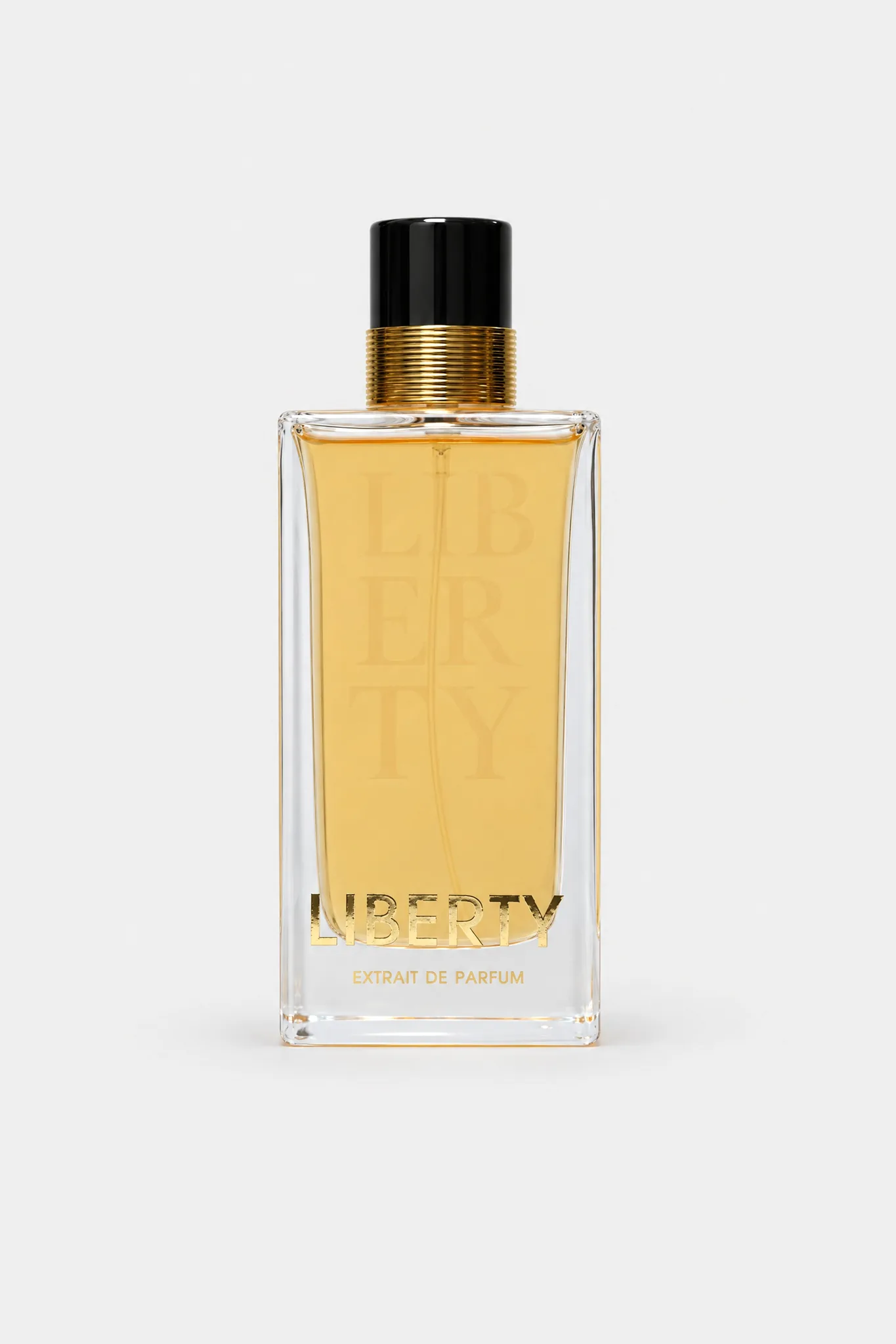Fragrance World Liberty Extrait de Parfum 100 ml, tall clear bottle with pale gold liquid, front view