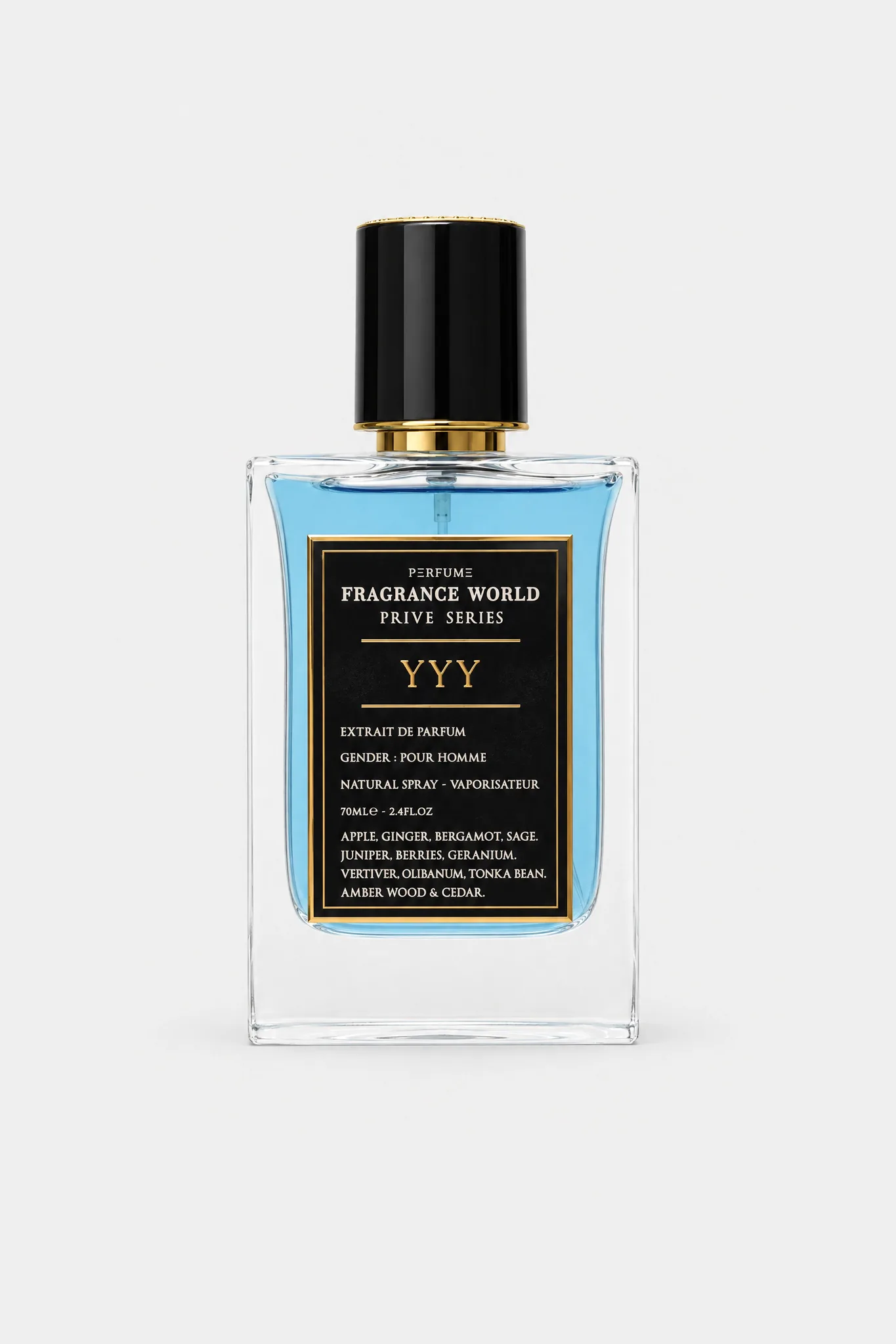 Fragrance World Prive Series YYY Extrait de Parfum 70 ml, clear bottle with blue liquid and a black label, front view