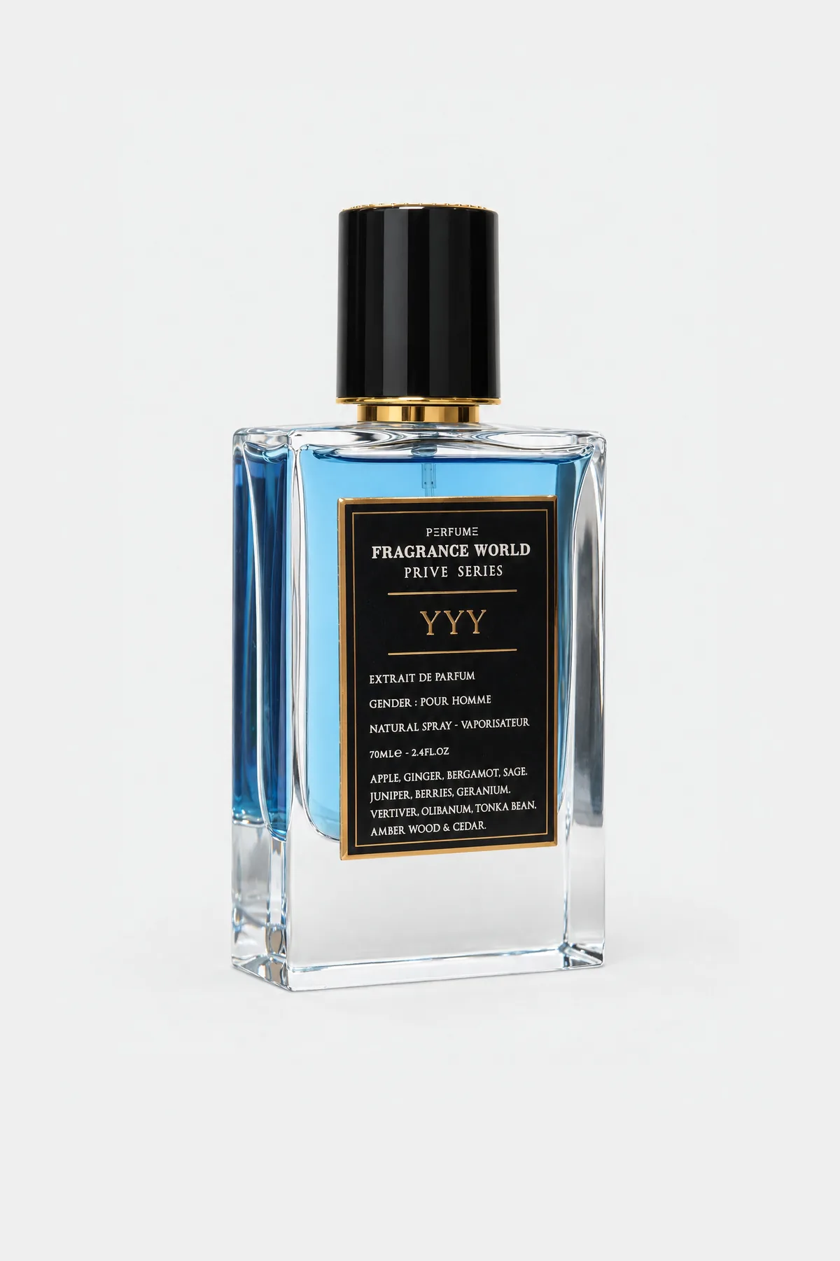 Fragrance World Prive Series YYY Extrait de Parfum 70 ml, clear bottle with blue liquid and a black label, three-quarter view