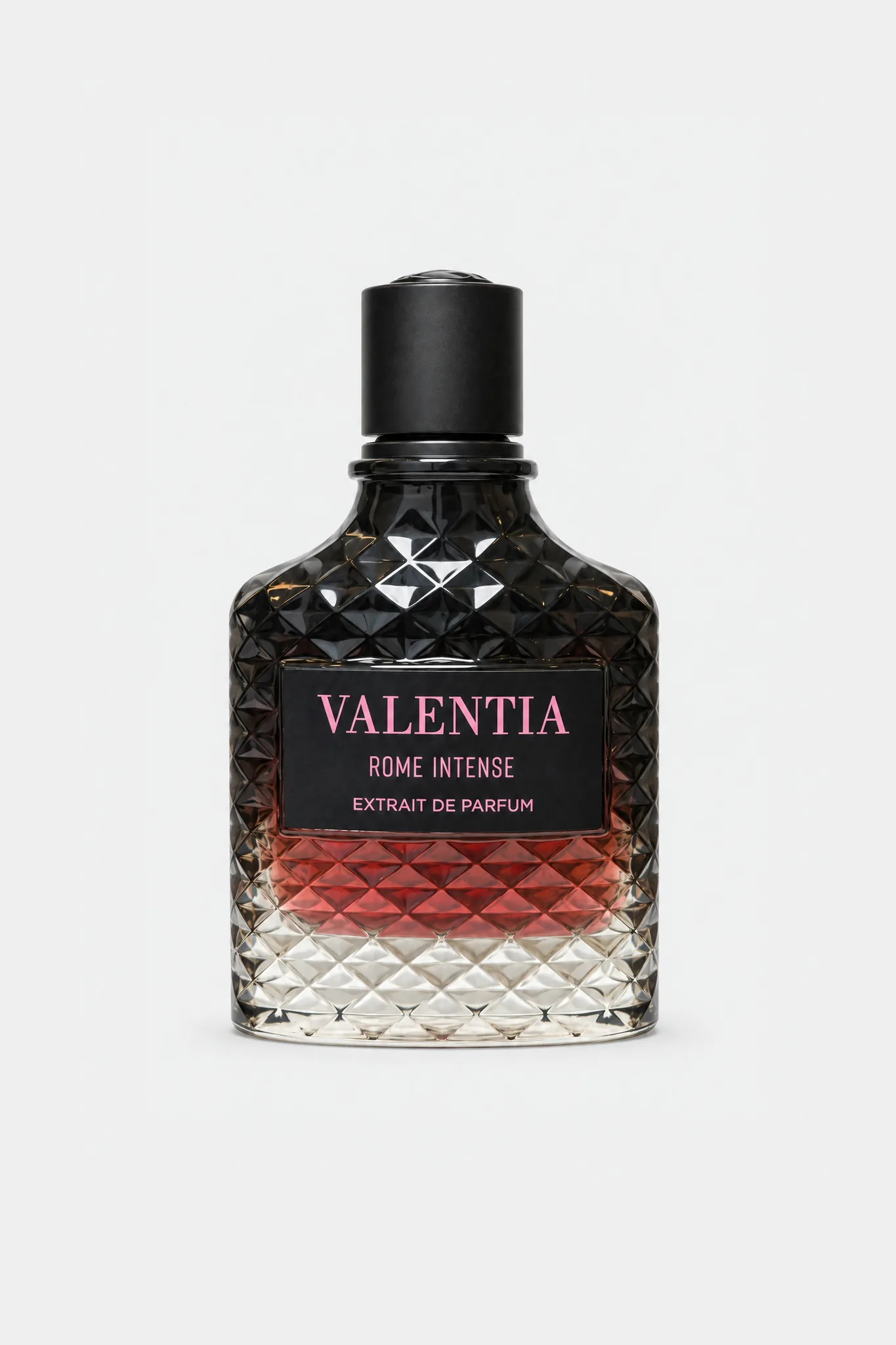 Fragrance World Valentia Rome Intense Extrait de Parfum 100 ml, studded black glass fading to red, front view