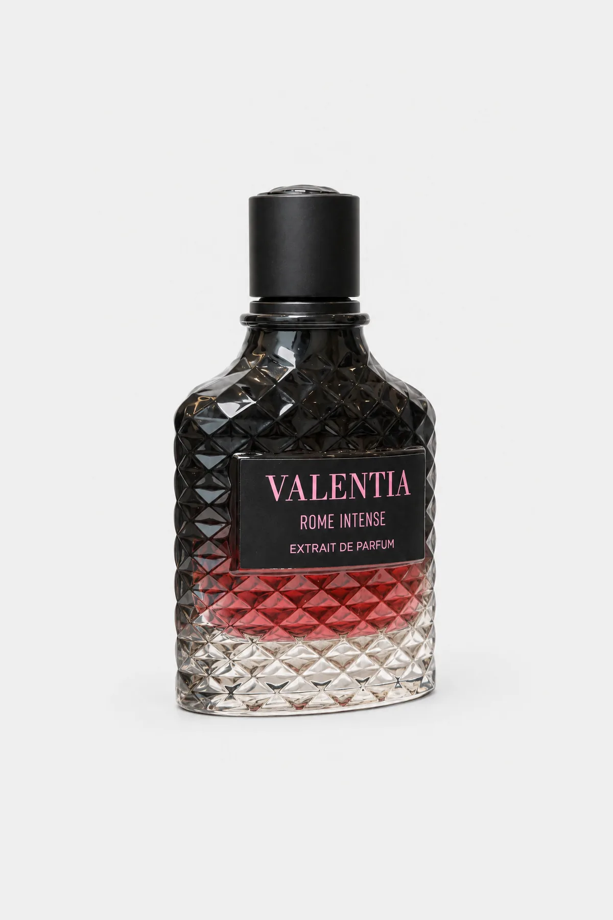 Fragrance World Valentia Rome Intense Extrait de Parfum 100 ml, studded black glass fading to red, three-quarter view