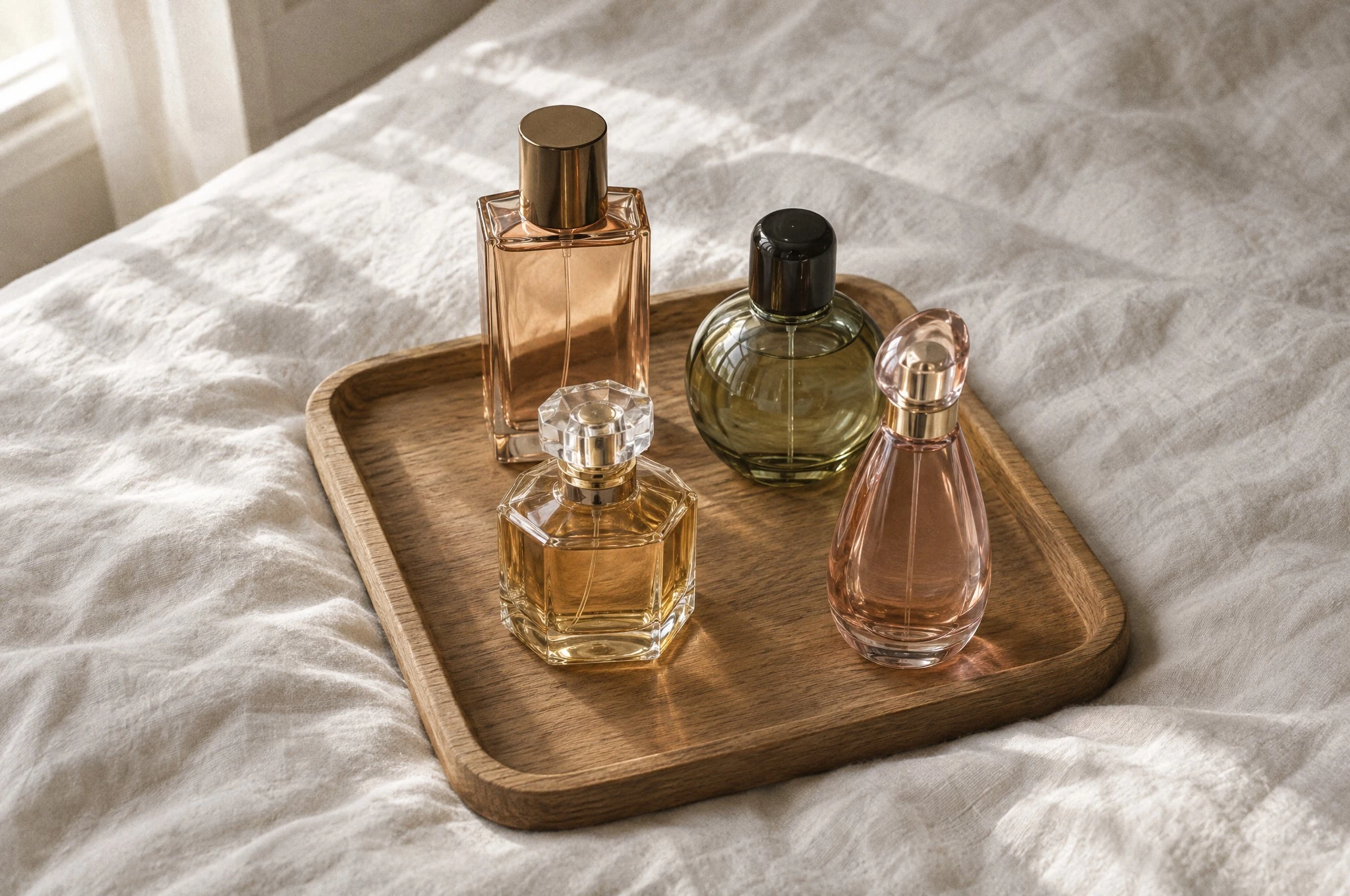 Four perfume bottles on a wooden tray on an unmade bed