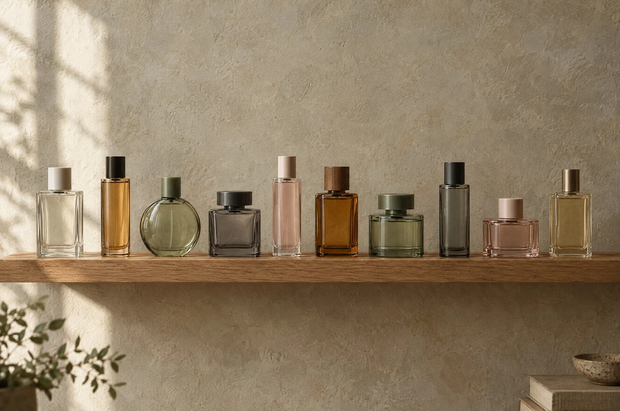 A long wooden shelf lined with unlabelled perfume bottles
