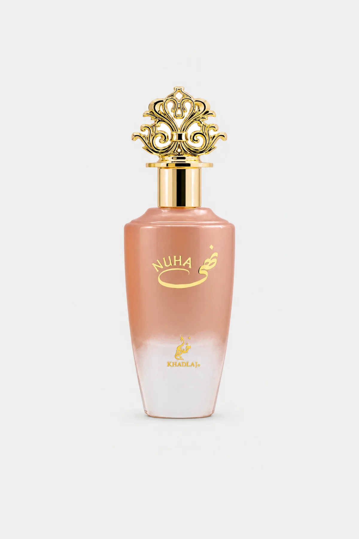 Khadlaj Nuha Eau de Parfum 85 ml, peach-to-clear bottle with a gold crown cap, front view