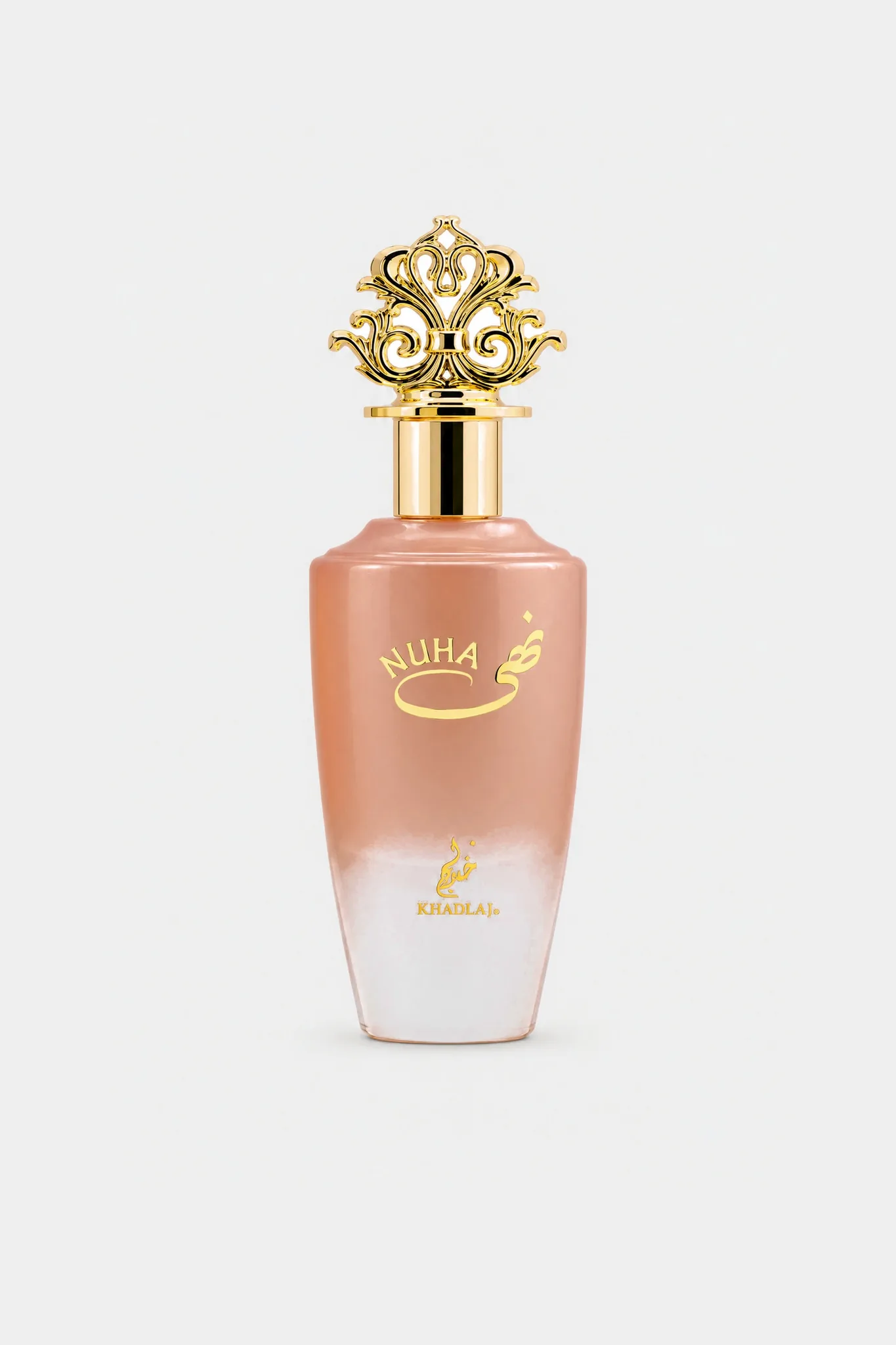 Khadlaj Nuha Eau de Parfum 85 ml, peach-to-clear bottle with a gold crown cap, front view