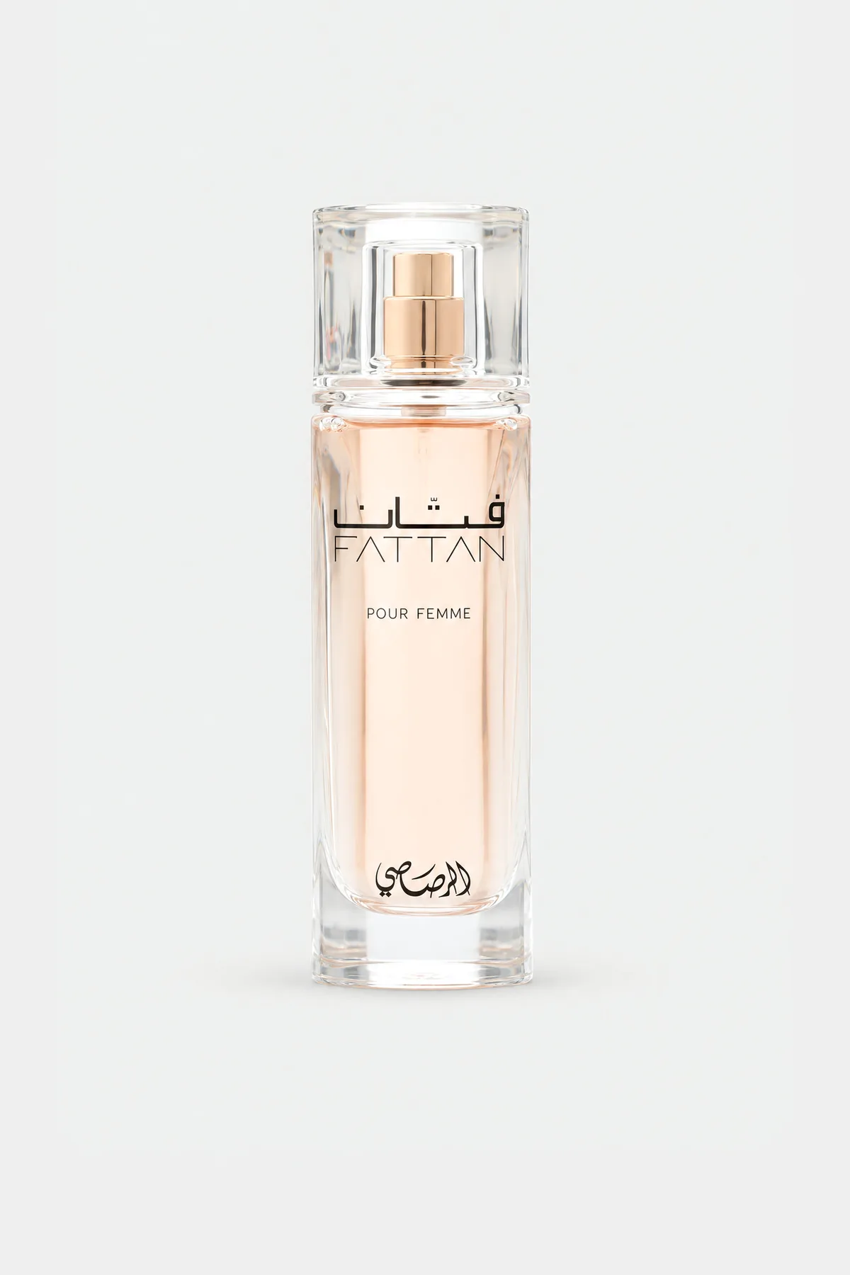 Rasasi Fattan Pour Femme Eau de Parfum 50 ml, slim clear bottle with pale pink liquid, front view