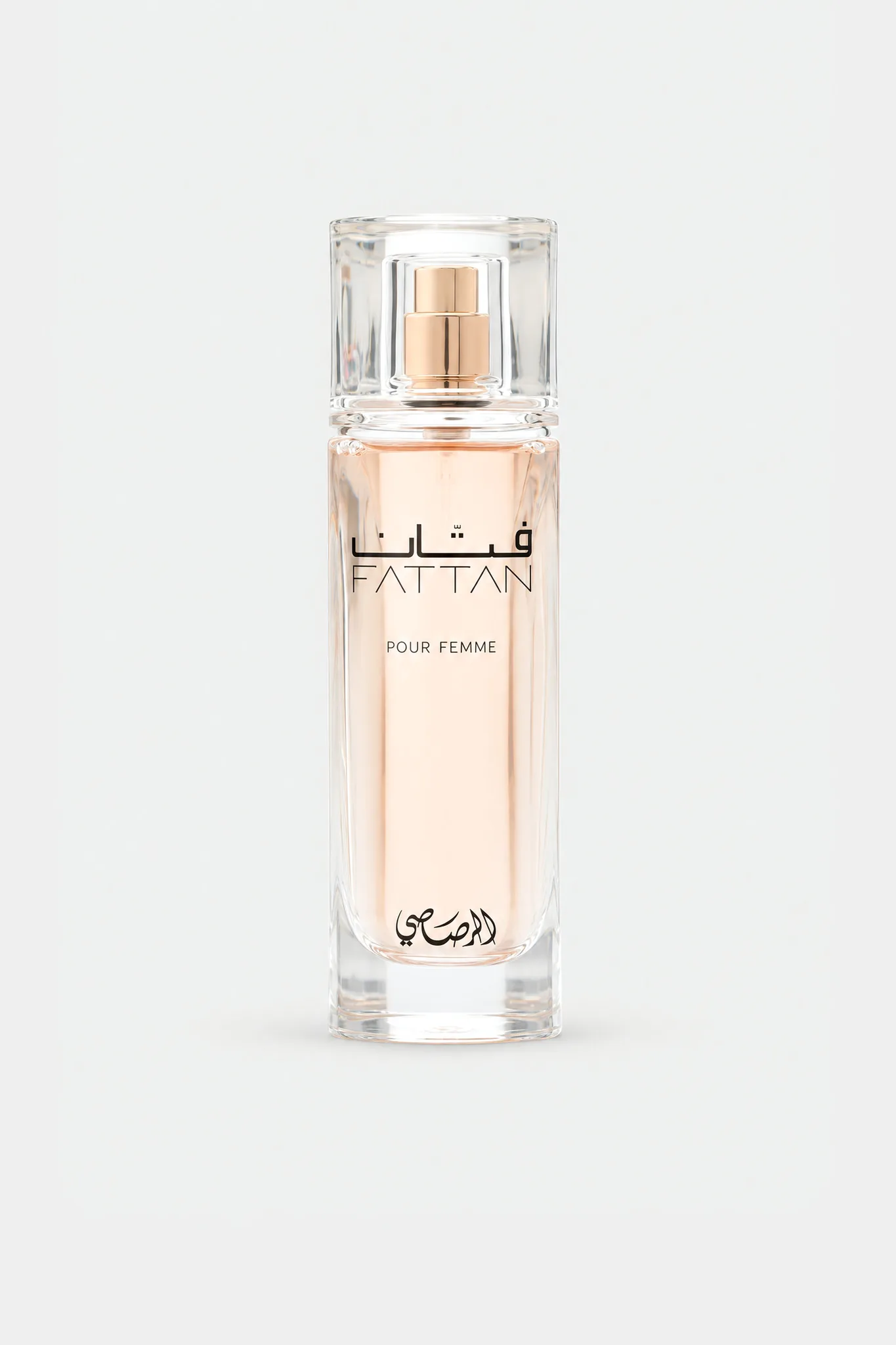 Rasasi Fattan Pour Femme Eau de Parfum 50 ml, slim clear bottle with pale pink liquid, front view