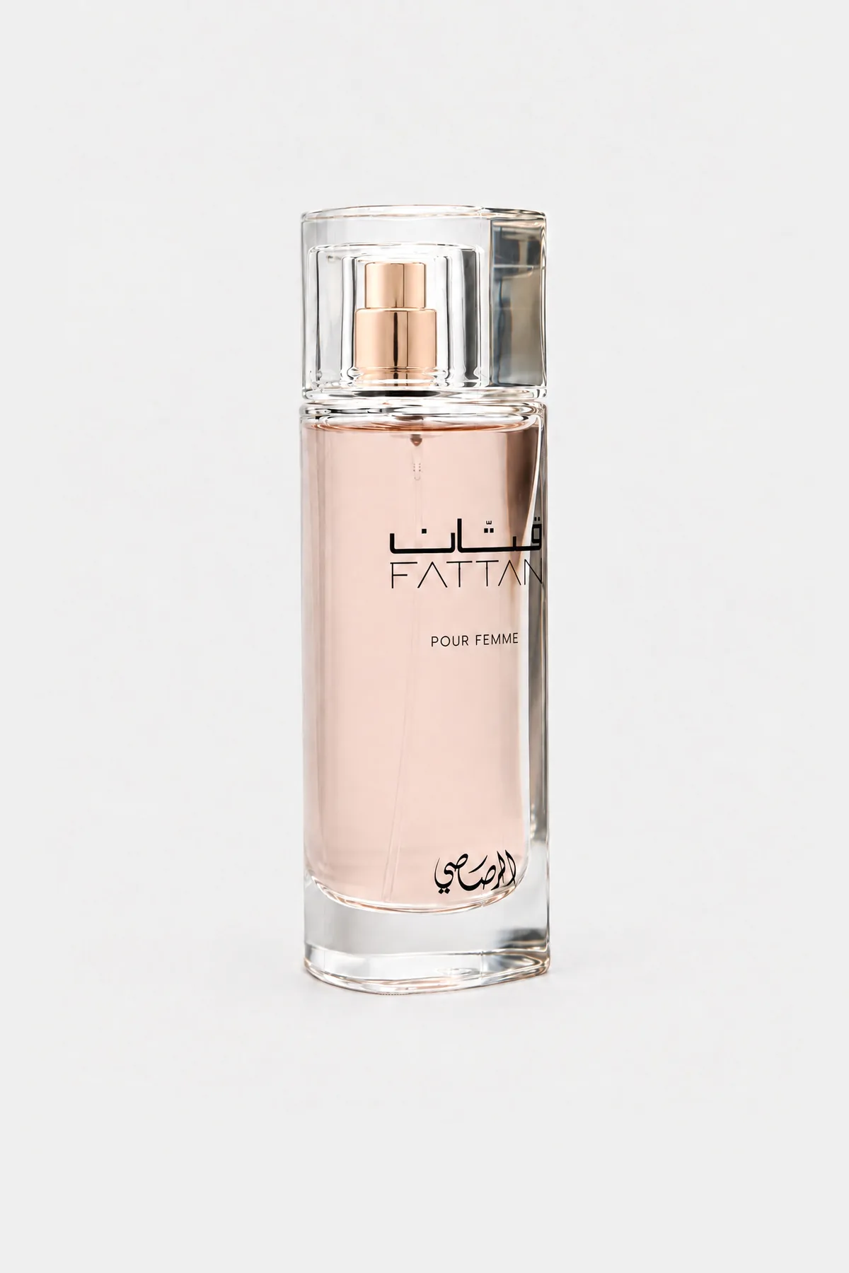 Rasasi Fattan Pour Femme Eau de Parfum 50 ml, slim clear bottle with pale pink liquid, three-quarter view