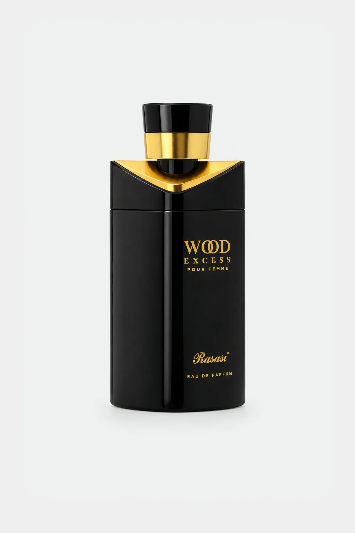 Rasasi Wood Excess Pour Femme Eau de Parfum 100 ml, black bottle with a gold collar, front view