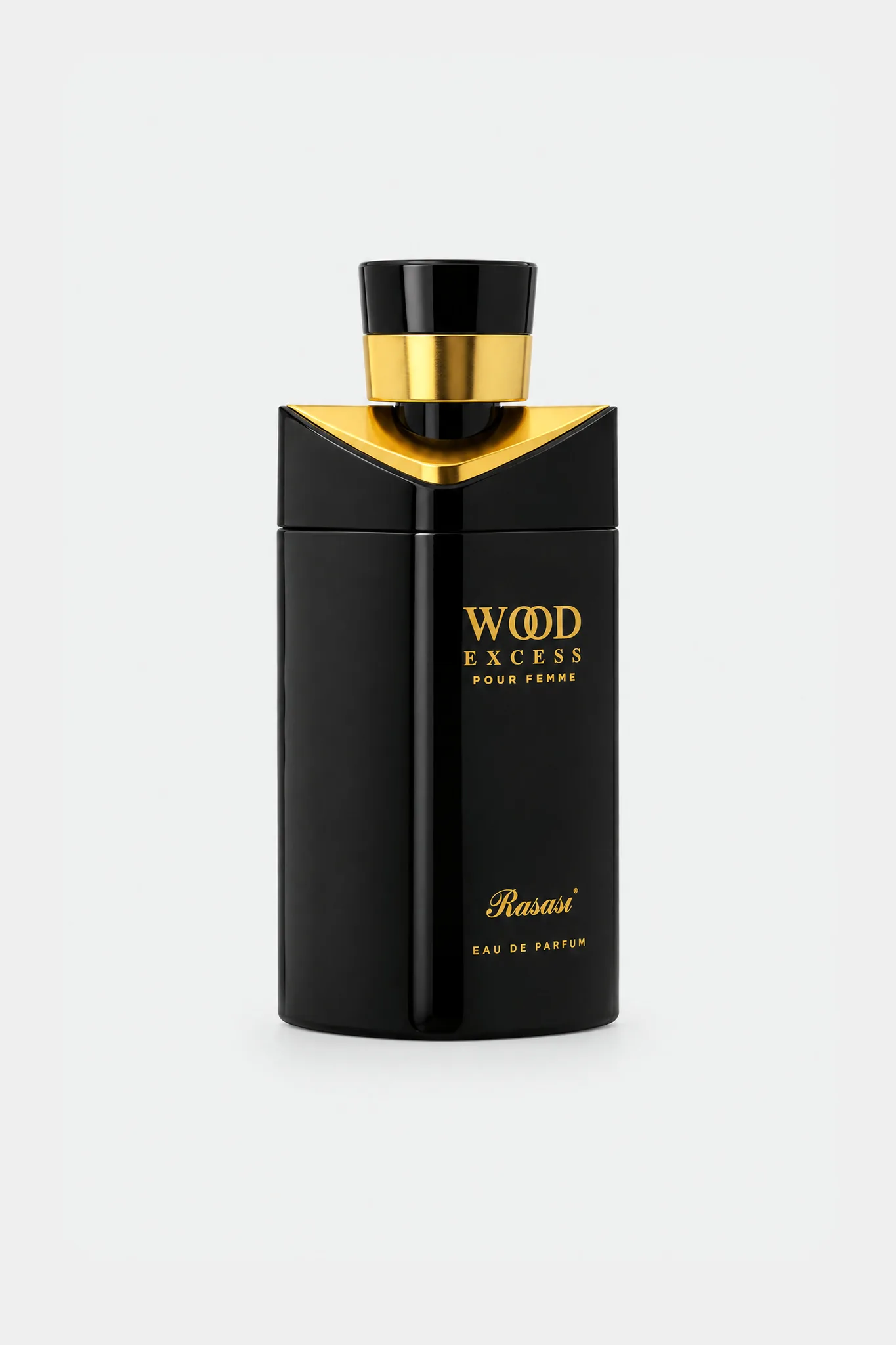 Rasasi Wood Excess Pour Femme Eau de Parfum 100 ml, black bottle with a gold collar, front view