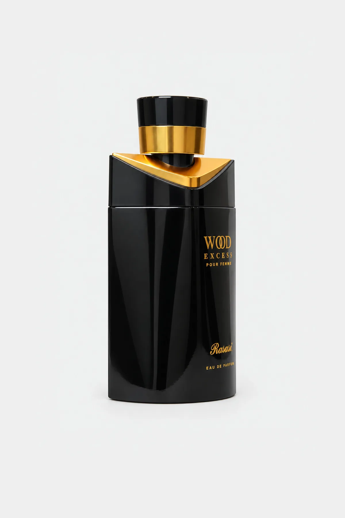 Rasasi Wood Excess Pour Femme Eau de Parfum 100 ml, black bottle with a gold collar, three-quarter view