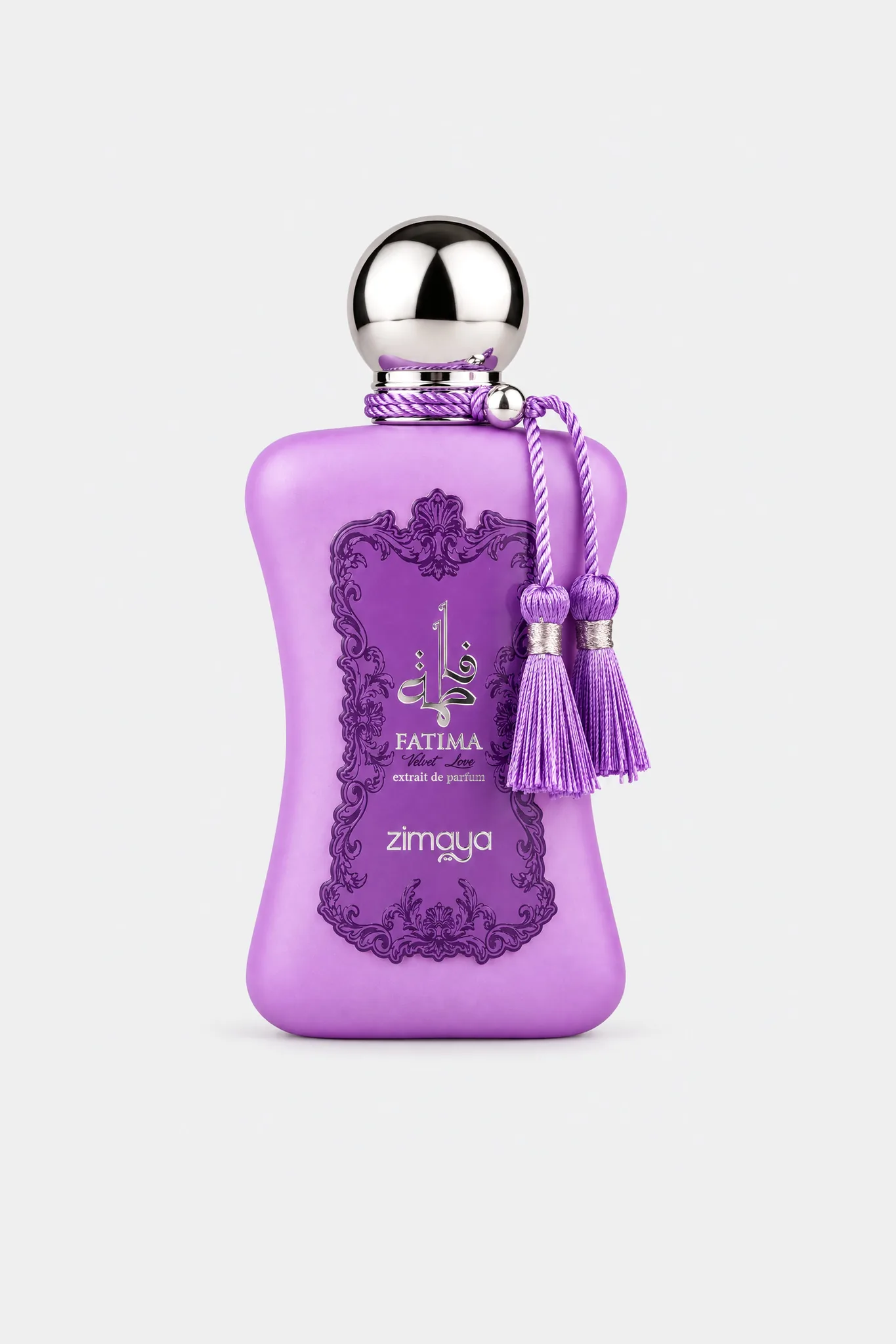 Zimaya Fatima Velvet Love Extrait de Parfum 100 ml, lilac bottle with a tassel and silver cap, front view