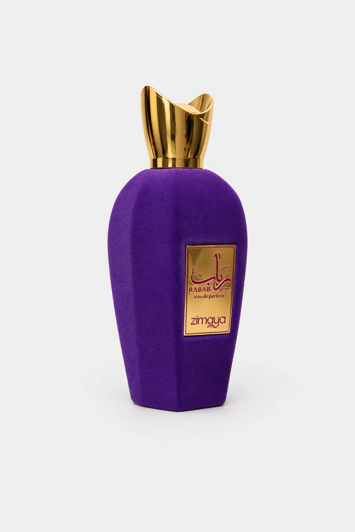 Zimaya Rabab Gems Eau de Parfum 100 ml, purple velvet bottle with a gold cap, three-quarter view