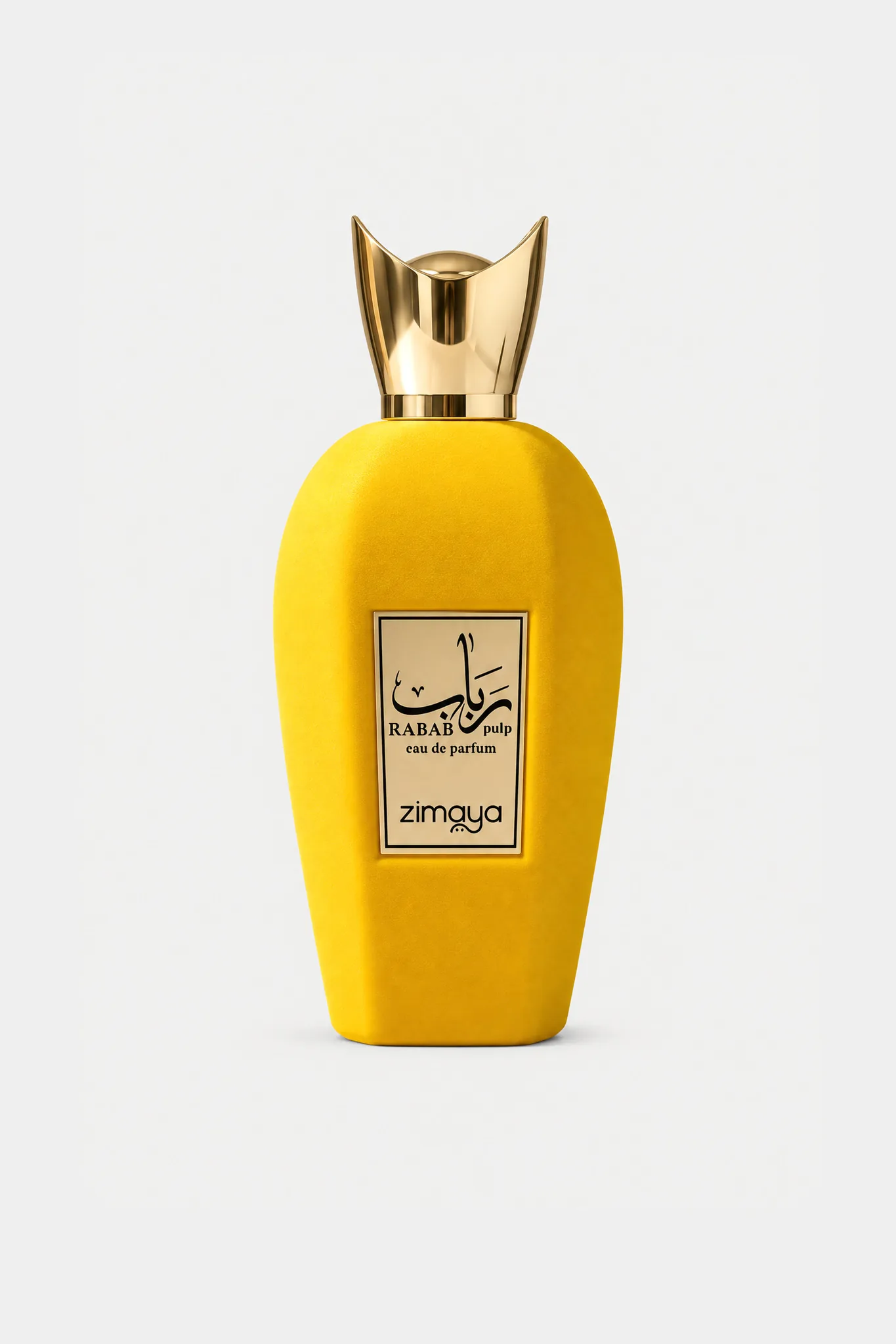 Zimaya Rabab Pulp Eau de Parfum 100 ml, yellow velvet bottle with a gold cap, front view