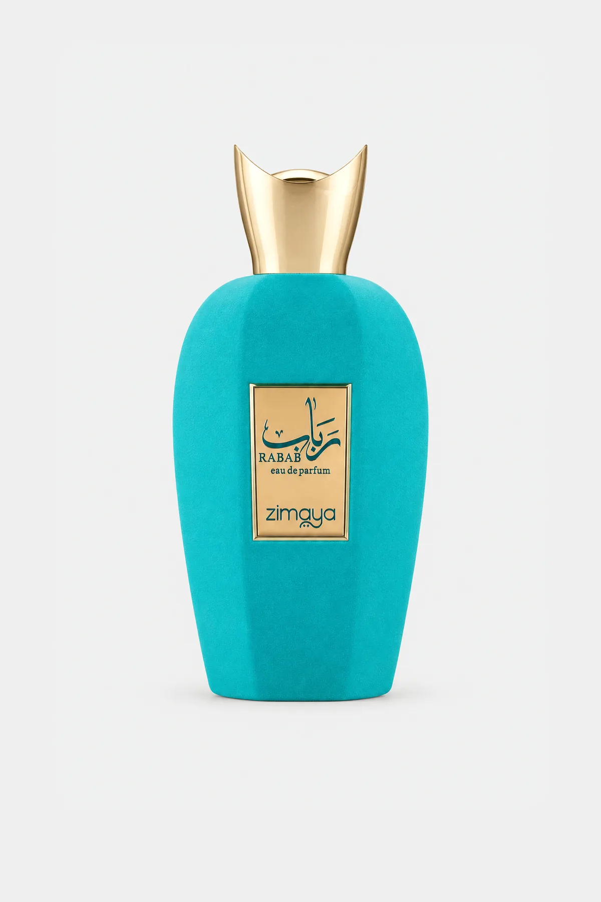 Zimaya Rabab Eau de Parfum 100 ml, turquoise velvet bottle with a gold cap, front view