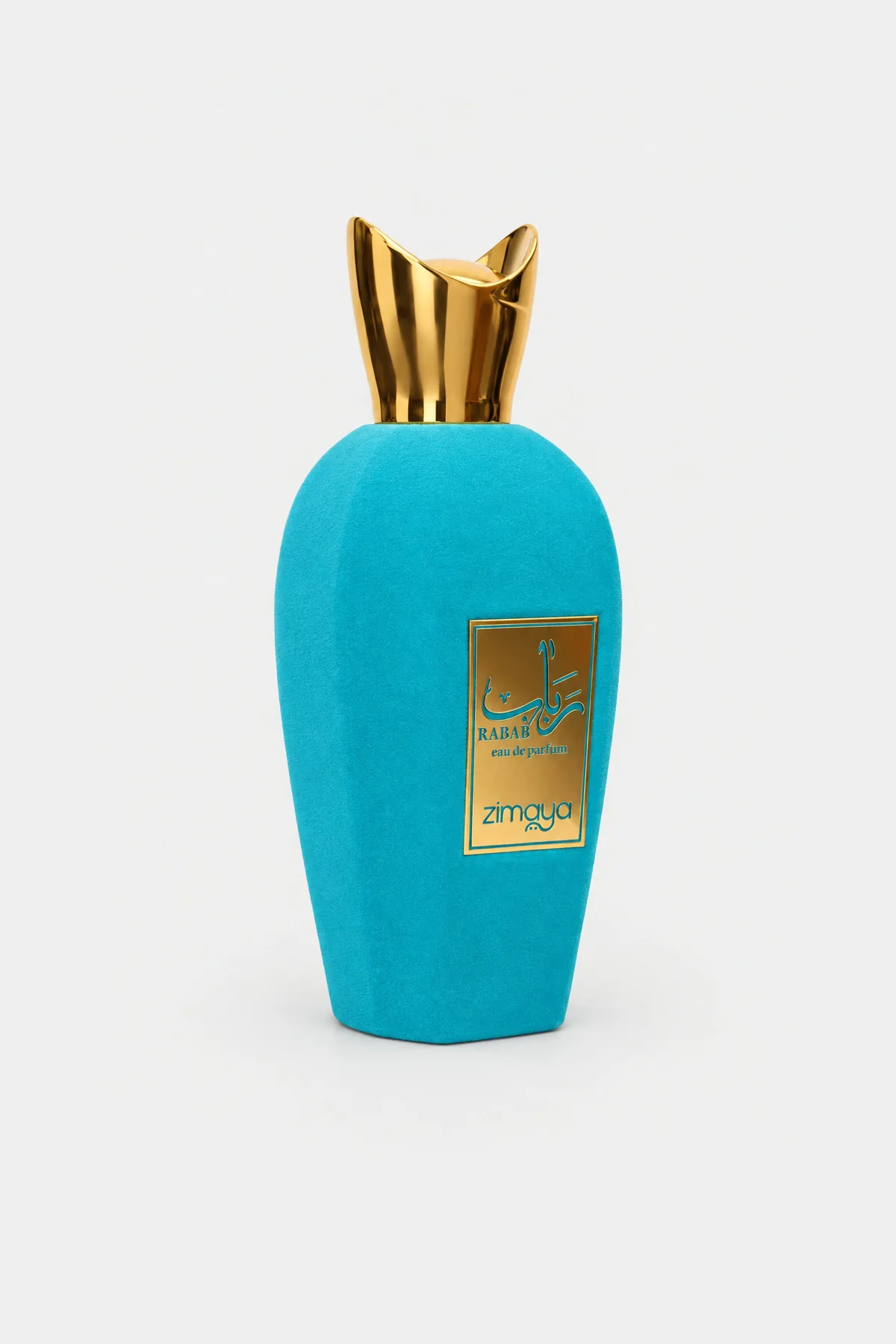 Zimaya Rabab Eau de Parfum 100 ml, turquoise velvet bottle with a gold cap, three-quarter view