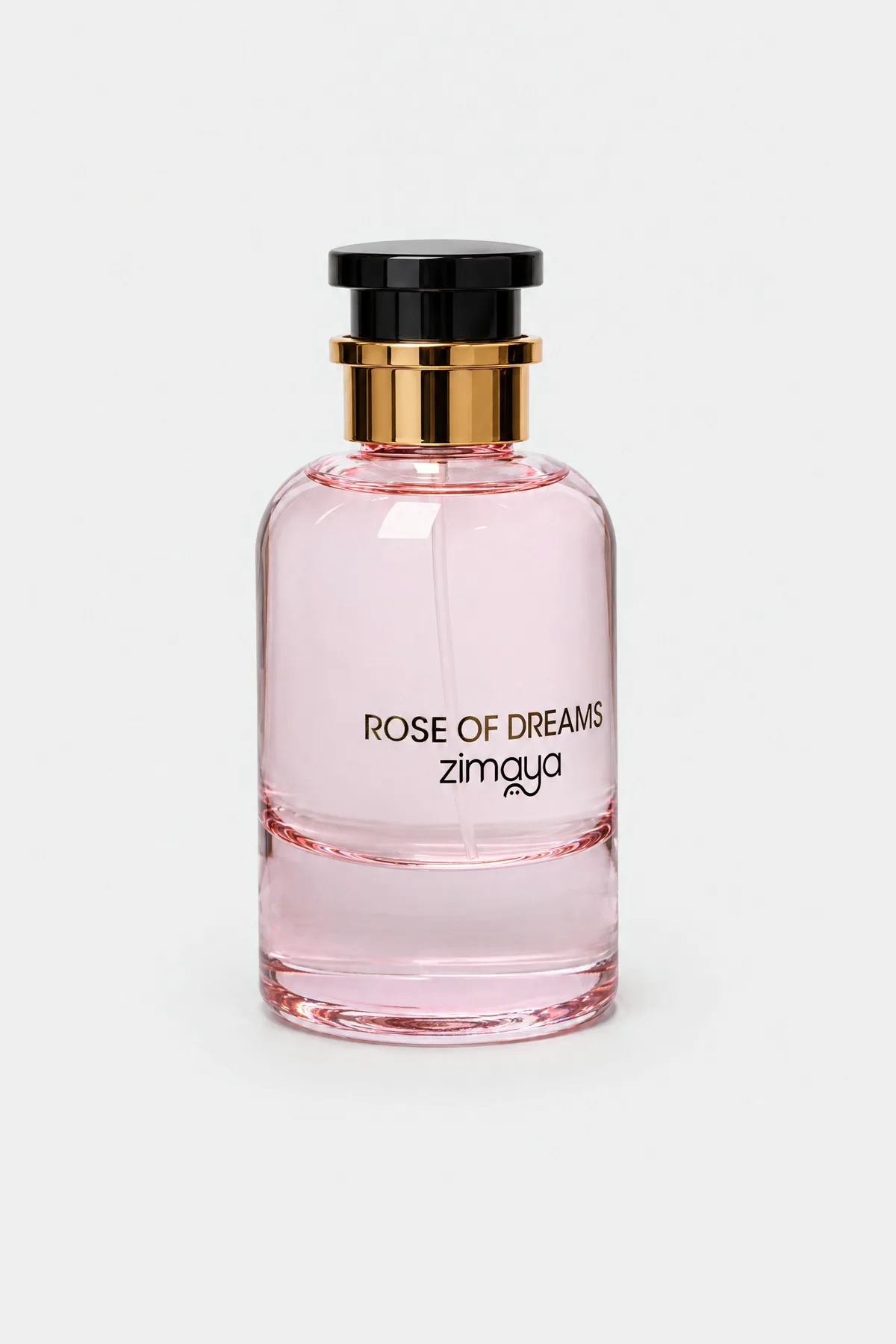 Zimaya Rose of Dreams Eau de Parfum 100 ml, round bottle with pink liquid and a black cap, three-quarter view